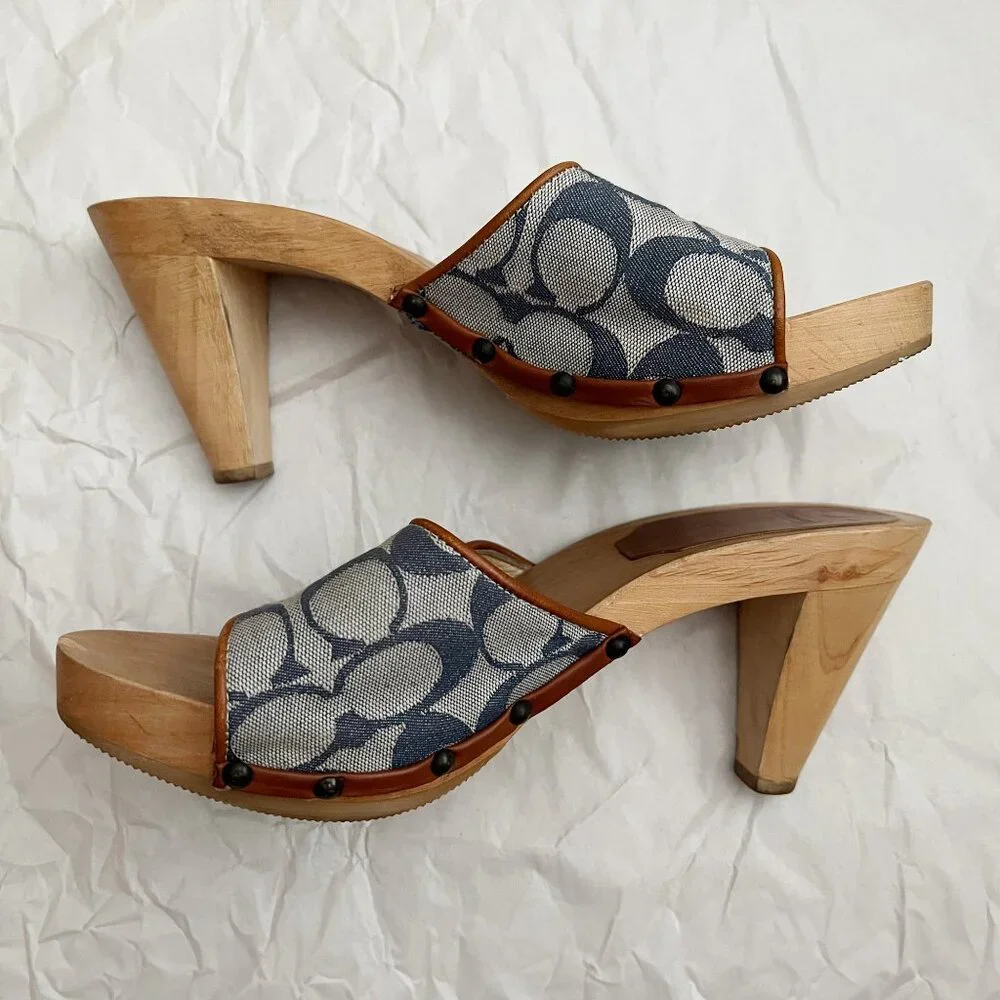 Coach Brenda Logo Wooden Platform Heeled Sandals Sz 7 Blue Made in Italy - Picture 7 of 12